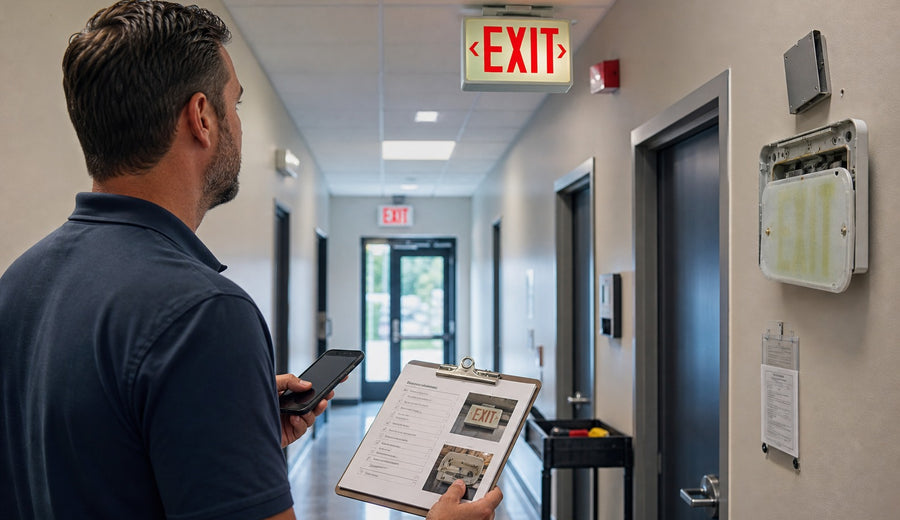 Facility compliance walkthrough checking exit sign visibility and replacement notes