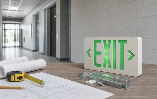 Self-luminous exit sign guide scene with product samples and facility plans