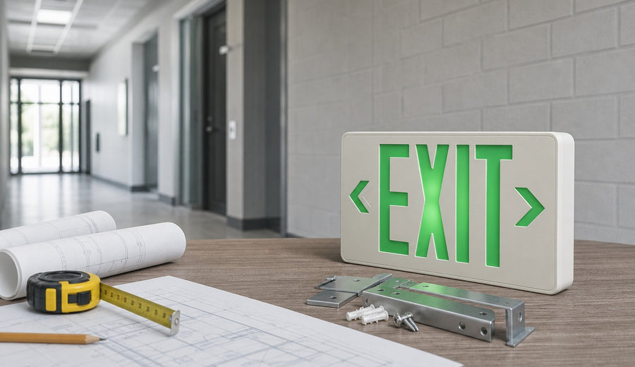 Self-luminous exit sign guide scene with product samples and facility plans